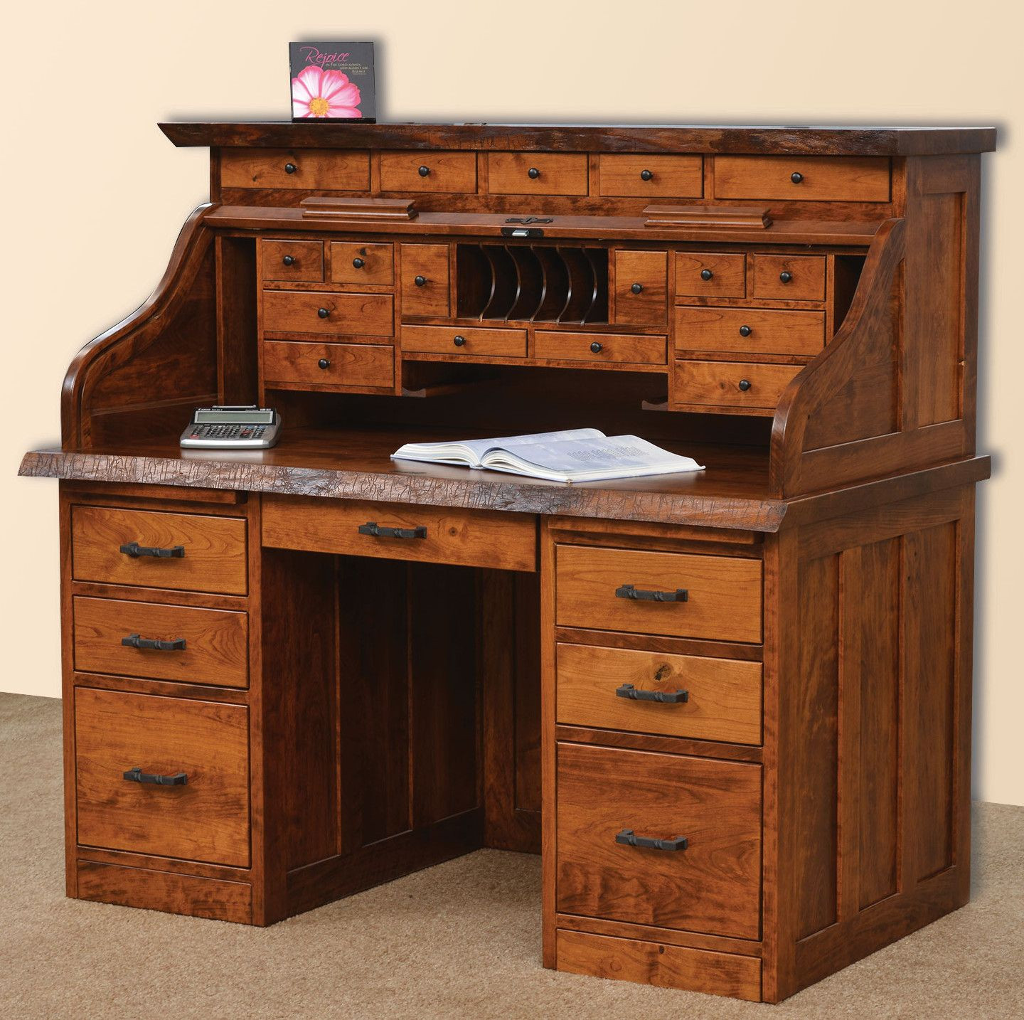 Amish Live Edge Roll Top Desk Rustic Cherry